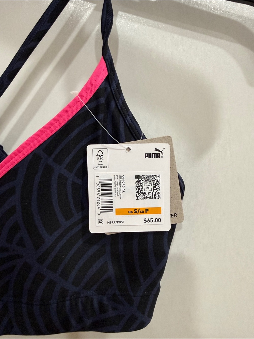 Puma Black Patterned Strappy Sports Bra with Pink & Green Trim - Picture 2 of 3